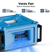 AlorAir PureCare 1080 outlet with the vortex fan visible, with up to 1,100ft², up to 1,080 CFM and under 60 dBA captions