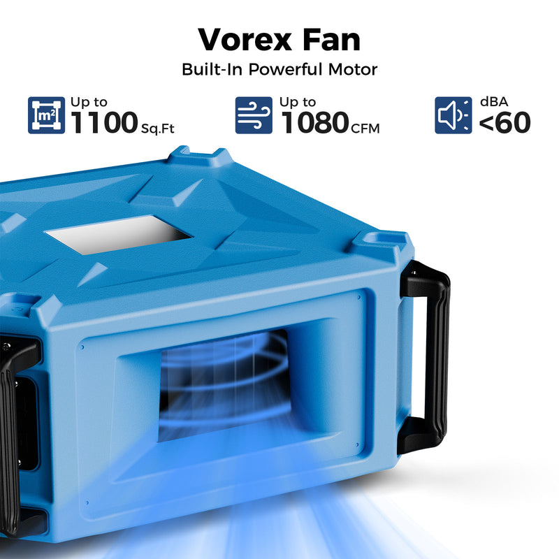 AlorAir PureCare 1080 outlet with the vortex fan visible, with up to 1,100ft², up to 1,080 CFM and under 60 dBA captions