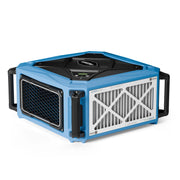 Blue and black AlorAir PureCare 1080 air filtration system, three-quarter view showing a side filter and the outlet grille