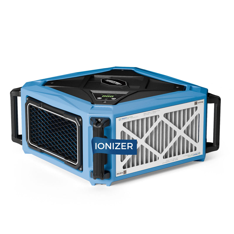 Blue and black AlorAir PureCare 1080IG with an IONIZER label, three-quarter view
