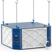 Blue and white AlorAir PureCare 1350 hanging from four chains, with its control panel and infrared remote