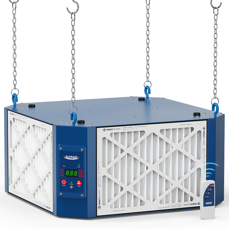 Blue and white AlorAir PureCare 1350 hanging from four chains, with its control panel and infrared remote