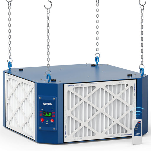 Blue and white AlorAir PureCare 1350 hanging from four chains, with its control panel and infrared remote