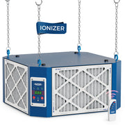 AlorAir PureCare 1350IG hanging from four chains with an IONIZER label, control panel and infrared remote