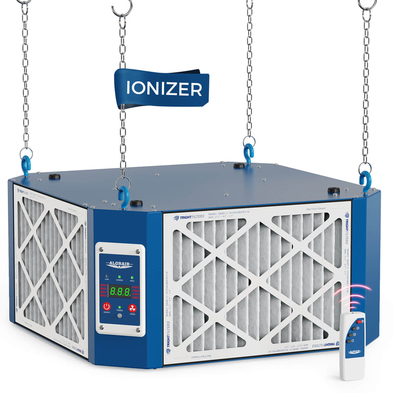 AlorAir PureCare 1350IG hanging from four chains with an IONIZER label, control panel and infrared remote