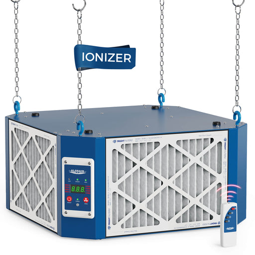 AlorAir PureCare 1350IG hanging from four chains with an IONIZER label, control panel and infrared remote