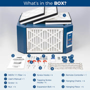 AlorAir PureCare 1350 with its four MERV-11 filters, manual, screws, hooks, expansion bolts, remote, chains and hanging pieces laid out and numbered