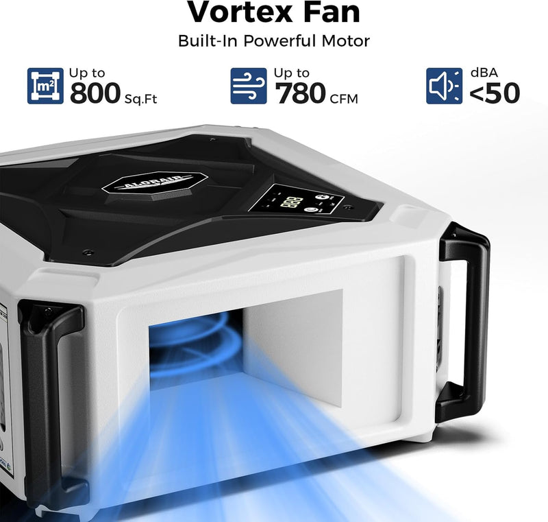 AlorAir PureCare 780 outlet with the vortex fan visible, with up to 800ft², up to 780 CFM and under 50 dBA captions