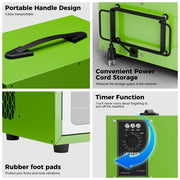 Close-ups of the AlorAir PureCare 780S top handle, cord storage, rubber feet and timer knob control panel