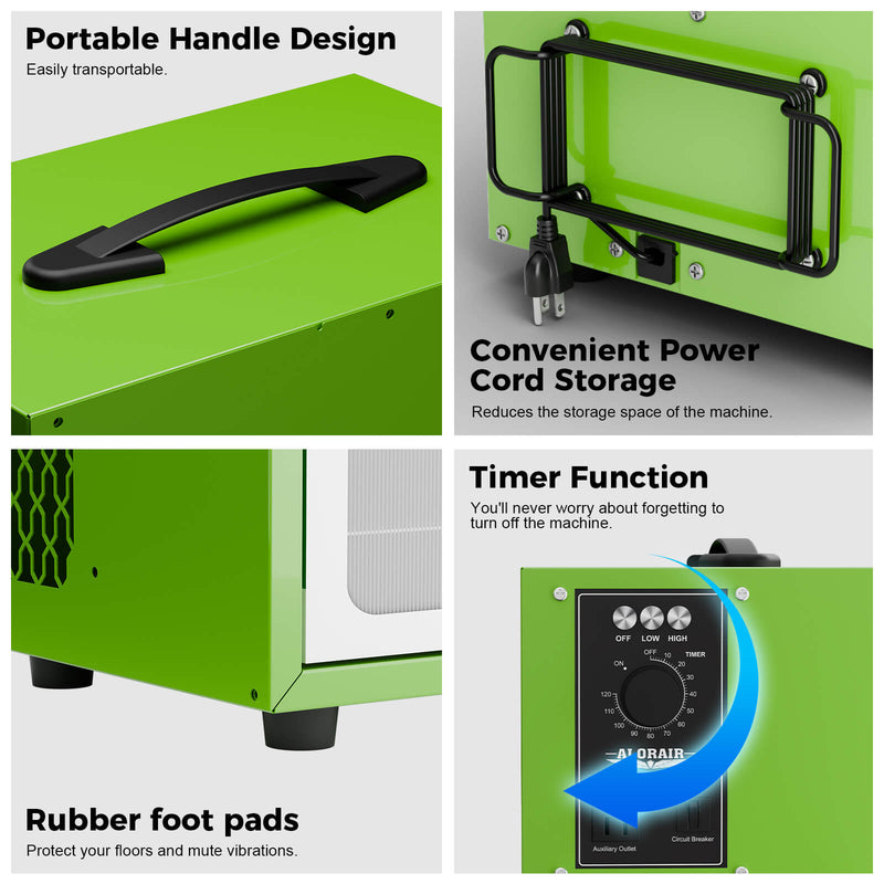 Close-ups of the AlorAir PureCare 780S top handle, cord storage, rubber feet and timer knob control panel