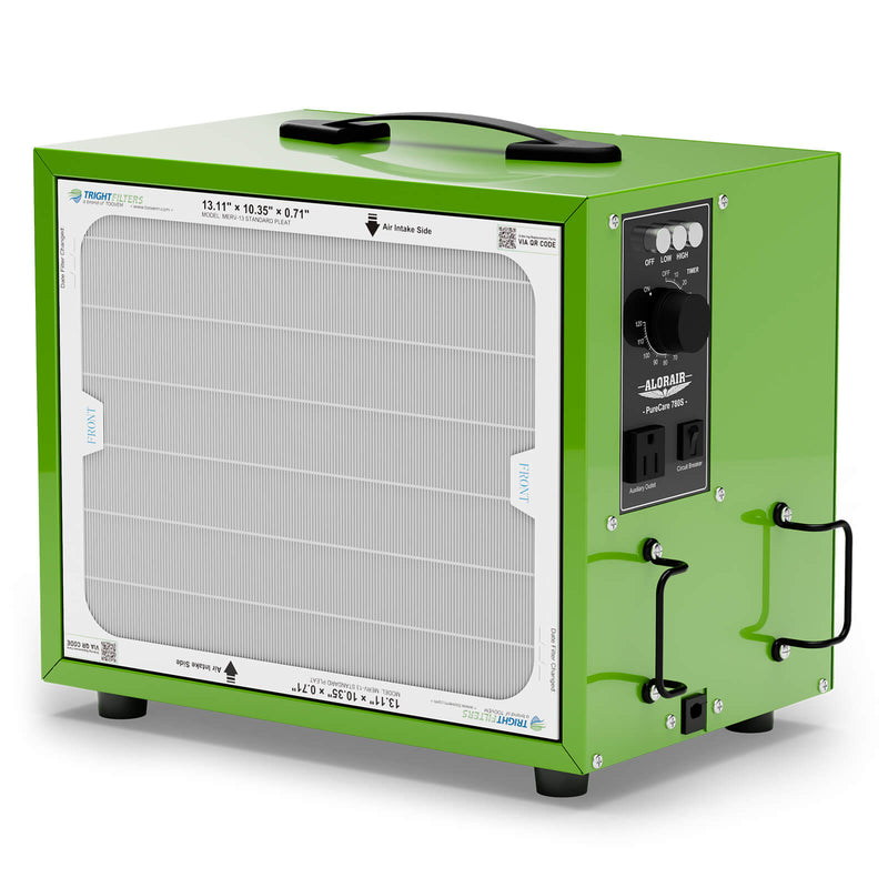 Green AlorAir PureCare 780S portable air filtration system, three-quarter view with the front filter, control panel and top handle