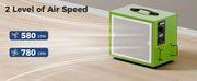 Green AlorAir PureCare 780S on a wood floor beside 580 CFM and 780 CFM speed captions