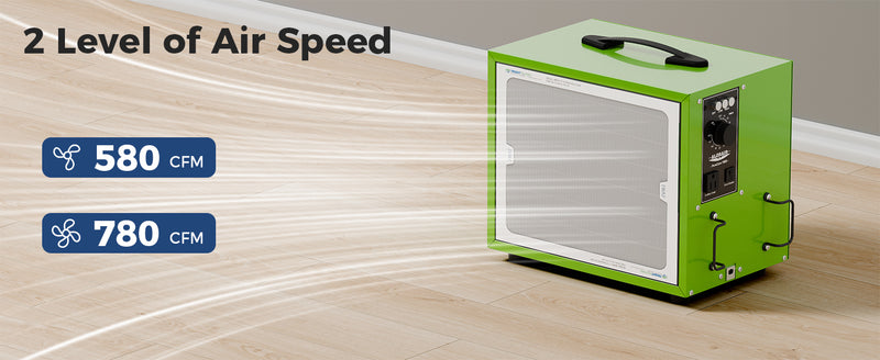 Green AlorAir PureCare 780S on a wood floor beside 580 CFM and 780 CFM speed captions