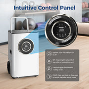 AlorAir Sentinel Elite in a gym with an enlarged view of its round control panel and the button functions, captioned Intuitive Control Panel