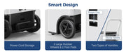 Close-ups of the AlorAir Sentinel Elite power cord storage, two large wheels and foot pads, and its two handles, captioned Smart Design