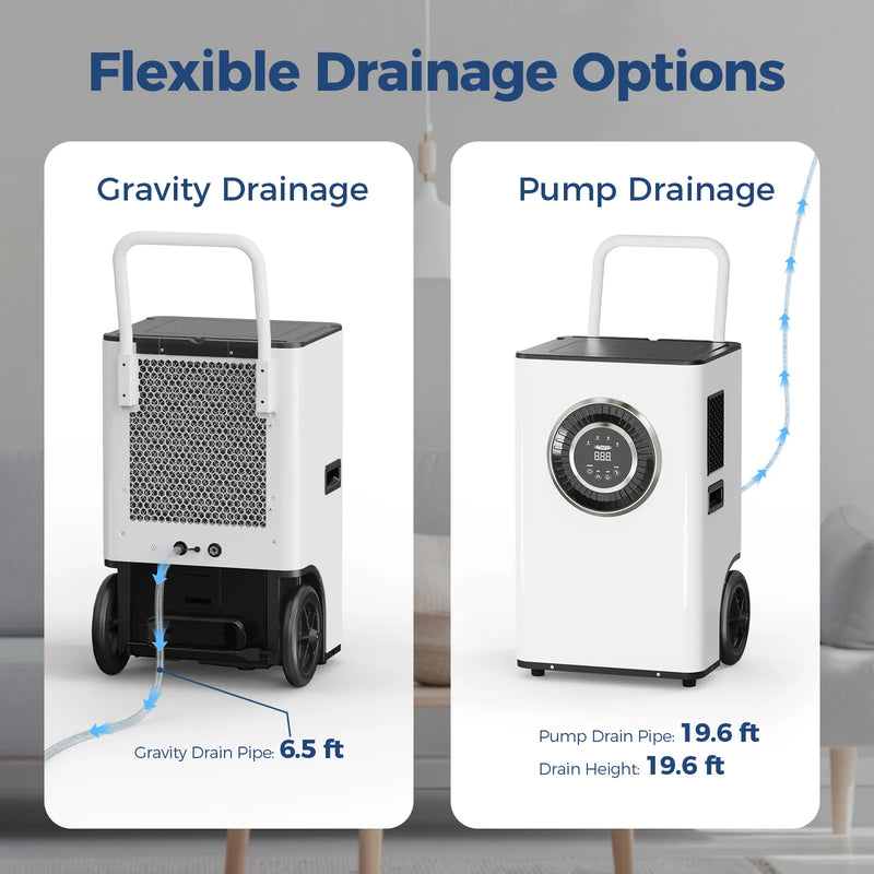 Two AlorAir Sentinel Elite units showing gravity drainage through a 6.5' pipe and pump drainage through a 19.6' pipe with 19.6' drain height