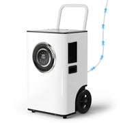 AlorAir Sentinel Elite 50X in white with a round control dial, front three-quarter view with its handle and pump drain hose