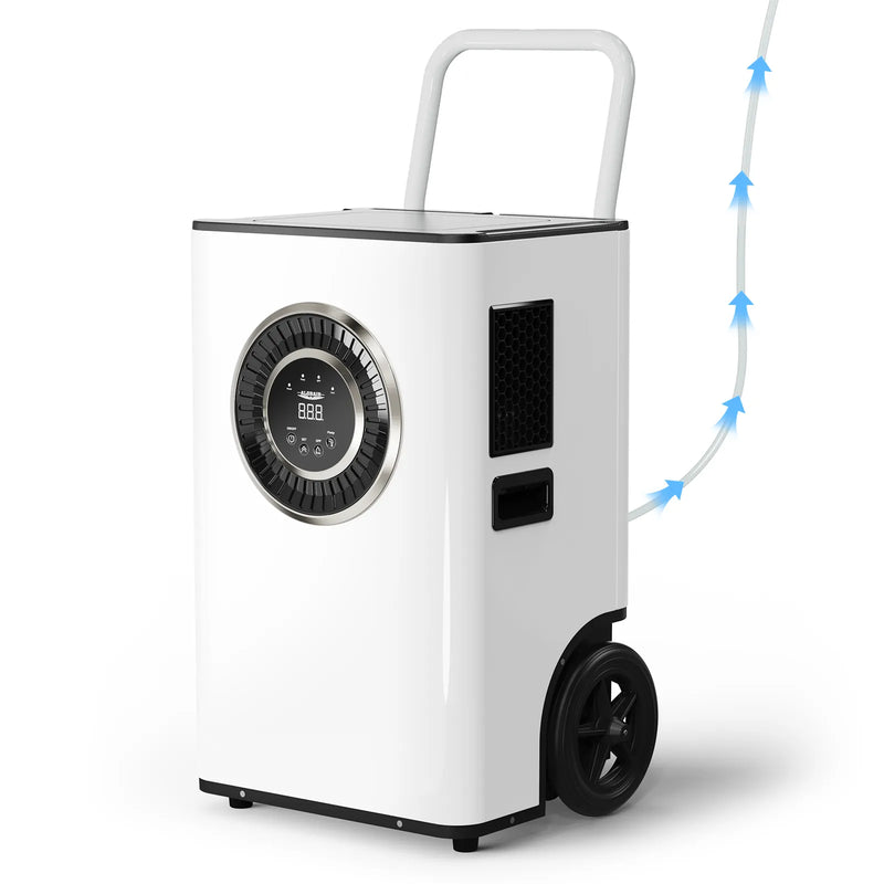 AlorAir Sentinel Elite 50X in white with a round control dial, front three-quarter view with its handle and pump drain hose