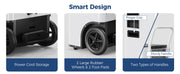 Close-ups of the AlorAir Sentinel Elite power cord storage, two large wheels and foot pads, and its two handles, captioned Smart Design