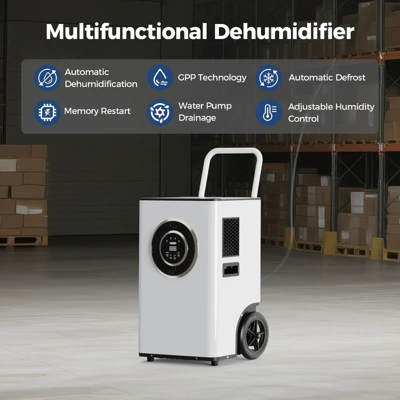 AlorAir Sentinel Elite in a warehouse with icons for automatic dehumidification, GPP technology, automatic defrost, memory restart, water pump drainage and adjustable humidity