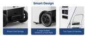 Close-ups of the AlorAir Sentinel Elite power cord storage, two large wheels and foot pads, and its two handles, captioned Smart Design