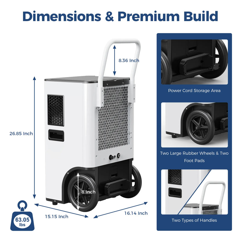 AlorAir Sentinel Elite 80X with dimensions marked: 26.85" high, 15.15" by 16.14" footprint, 63.05 lbs, with close-ups of the cord storage, wheels and handles