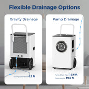 Two AlorAir Sentinel Elite units showing gravity drainage through a 6.5' pipe and pump drainage through a 19.6' pipe with 19.6' drain height