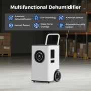 AlorAir Sentinel Elite in a warehouse with icons for automatic dehumidification, GPP technology, automatic defrost, memory restart, water pump drainage and adjustable humidity