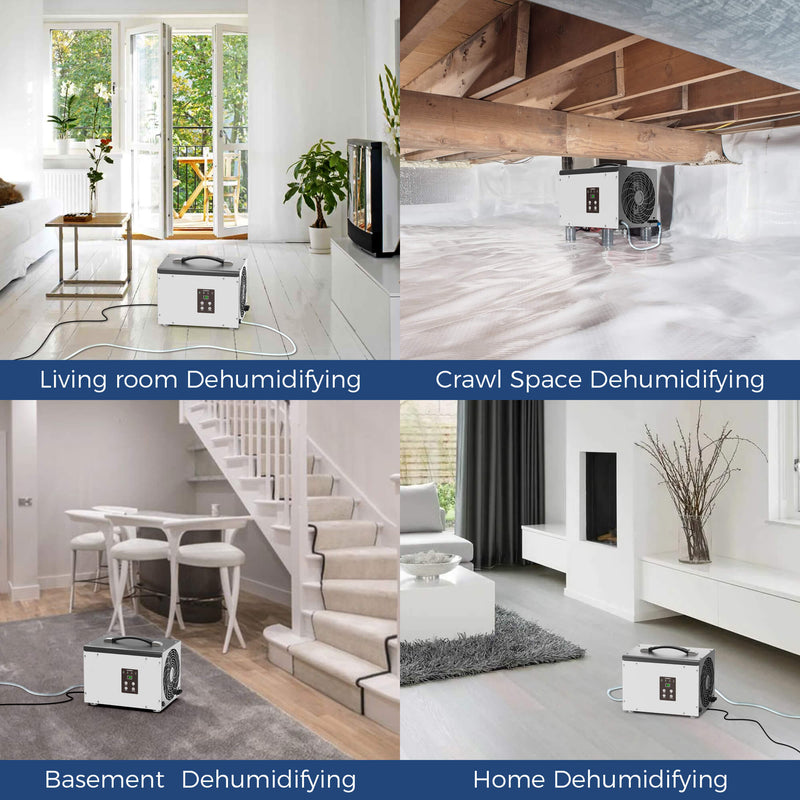 AlorAir Sentinel HD35P in a living room, a crawl space, a basement and a home