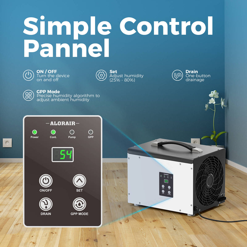 AlorAir Sentinel HD35P control panel with on/off, set, drain and GPP mode buttons and a humidity display