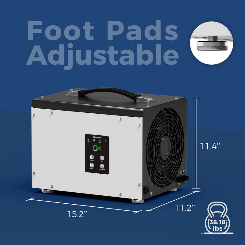 AlorAir Sentinel HD35P with dimensions marked: 15.2" long, 11.2" wide, 11.4" high, 38.18 lbs, and adjustable foot pads