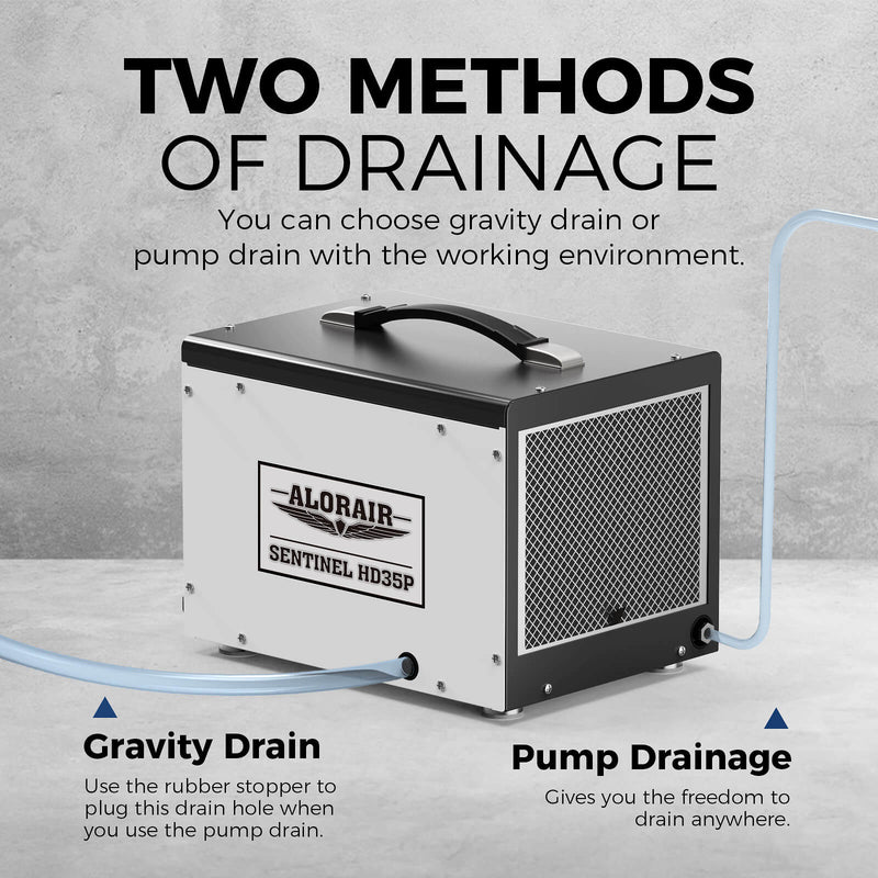 Diagram of the AlorAir Sentinel HD35P gravity drain and pump drain outlets