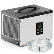 AlorAir Sentinel HD35P dehumidifier in white and black, front three-quarter view with digital panel and coiled drain hose