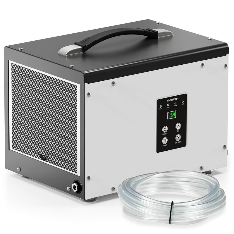 AlorAir Sentinel HD35P dehumidifier in white and black, front three-quarter view with digital panel and coiled drain hose