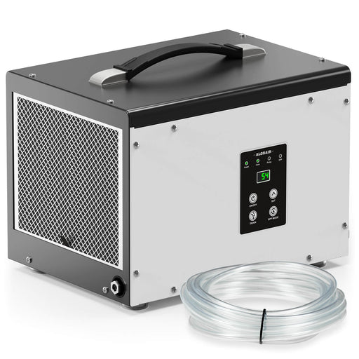 AlorAir Sentinel HD35P dehumidifier in white and black, front three-quarter view with digital panel and coiled drain hose