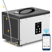 AlorAir Sentinel HD35P WiFi dehumidifier with drain hose beside a phone showing the AlorAir-C app