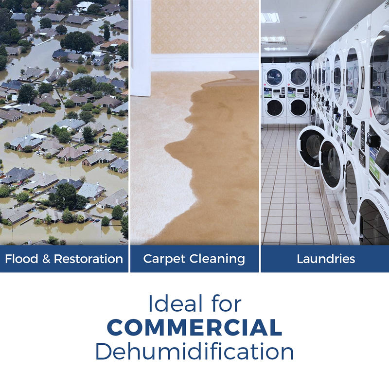 Flood restoration, carpet cleaning and laundry settings, captioned Ideal for commercial dehumidification