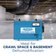 Blue AlorAir Sentinel HD55 in a sealed crawl space under ductwork, captioned Ideal for crawl space and basement dehumidification