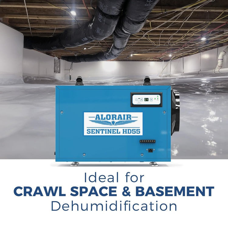 Blue AlorAir Sentinel HD55 in a sealed crawl space under ductwork, captioned Ideal for crawl space and basement dehumidification
