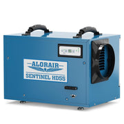 Blue AlorAir Sentinel HD55 dehumidifier, front three-quarter view with control panel and round outlet collar