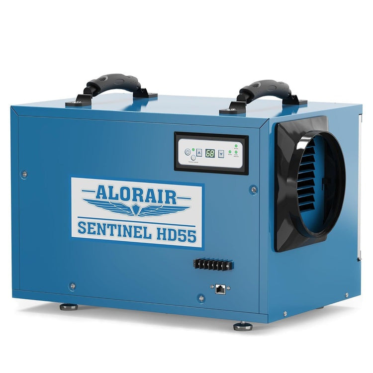Blue AlorAir Sentinel HD55 dehumidifier, front three-quarter view with control panel and round outlet collar