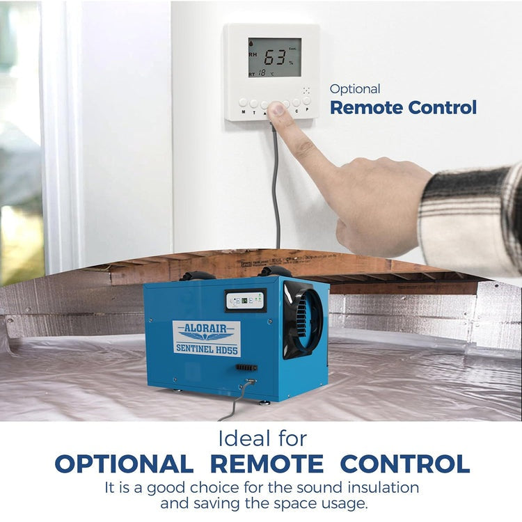 Optional AlorAir wall-mounted remote control with humidity display, and the HD55 in a crawl space below