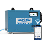 Blue AlorAir Sentinel HD55 WiFi dehumidifier beside a phone showing the AlorAir-C app