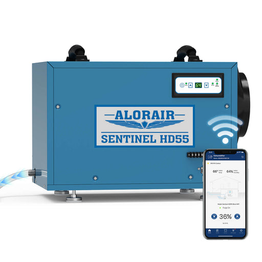 Blue AlorAir Sentinel HD55 WiFi dehumidifier beside a phone showing the AlorAir-C app