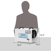 White AlorAir Sentinel HD55S beside a silhouette for scale, marked 19.2" long, 12.2" wide, 13.3" high