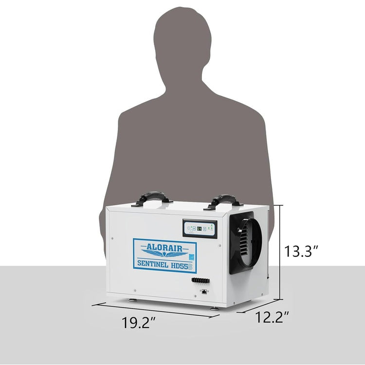 White AlorAir Sentinel HD55S beside a silhouette for scale, marked 19.2" long, 12.2" wide, 13.3" high