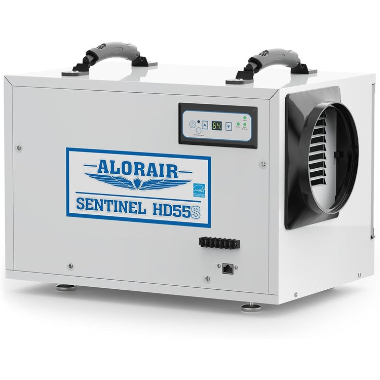White AlorAir Sentinel HD55S dehumidifier, front three-quarter view with control panel and round outlet collar
