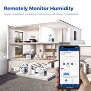 Cutaway house with AlorAir Sentinel HD55S units on several floors and a phone showing humidity in the AlorAir-C app
