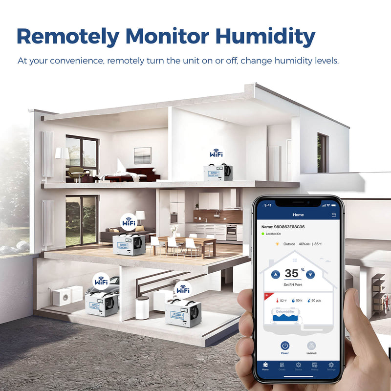 Cutaway house with AlorAir Sentinel HD55S units on several floors and a phone showing humidity in the AlorAir-C app