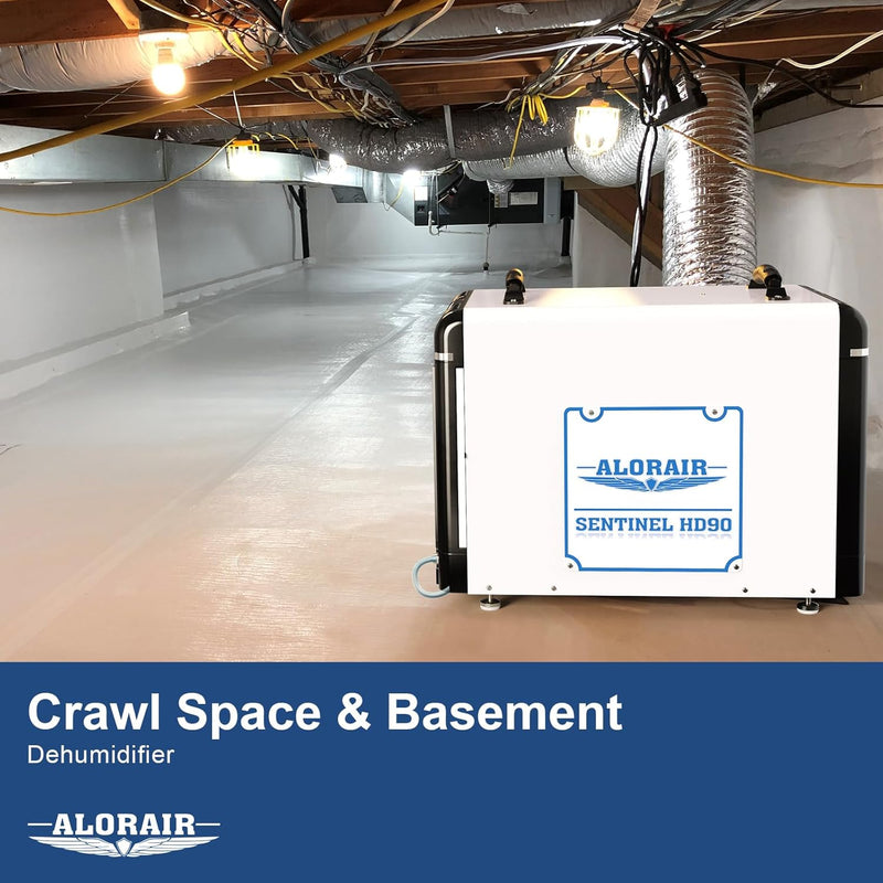 AlorAir Sentinel HD90 in a sealed crawl space with flex ducting overhead, captioned Crawl Space and Basement Dehumidifier